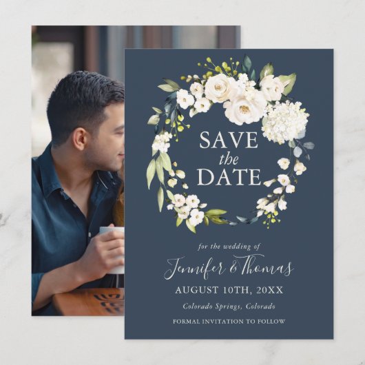 White Roses and Hydrangeas Floral Save the Date (Voorkant / Achterkant)