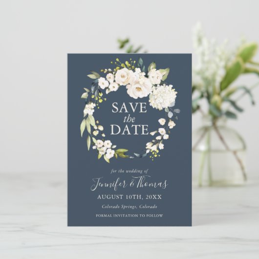 White Roses and Hydrangeas Floral Save the Date (Staand voorkant)