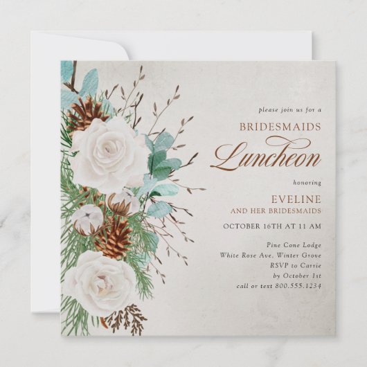 White Roses and Pine Cone Bridesmaids Kaart (Voorkant)