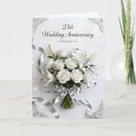 White Roses and Silver Ribbon 25th Anniversary Kaart