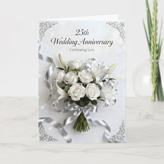 White Roses and Silver Ribbon 25th Anniversary Kaart (Voorkant)