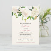 White Roses Baby Baptism en Brunch Pink & Green Kaart (Staand voorkant)