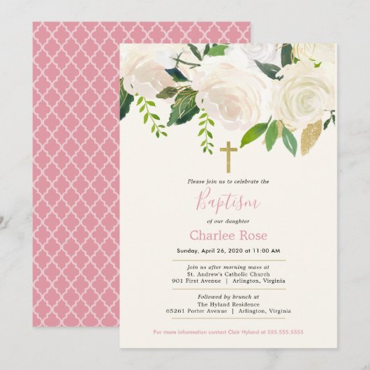 White Roses Baby Baptism en Brunch Pink & Green Kaart (Voorkant / Achterkant)