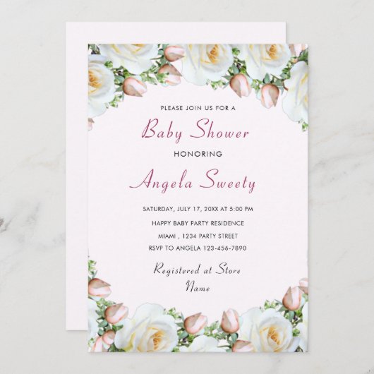 White Roses Baby shower Invitation (Voorkant / Achterkant)