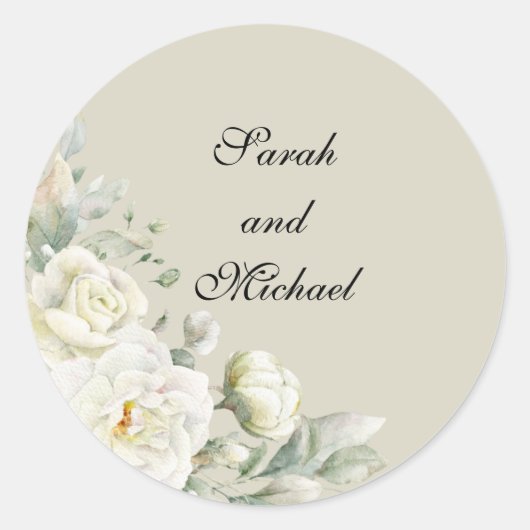 White Roses  Beige Personalized Wedding Stickers (Voorkant)