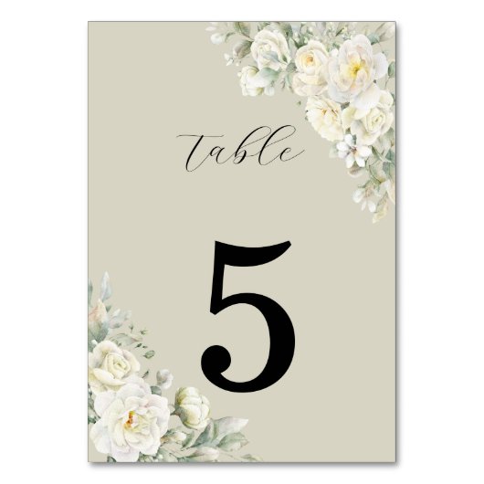 White Roses Beige Table Number Kaart (Voorkant)