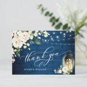 White Roses Blue Wood Lantern Boho Wedding Bedankkaart (Staand voorkant)
