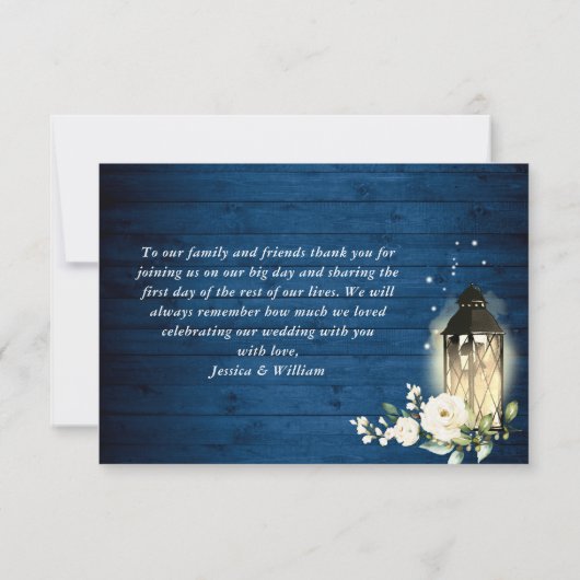 White Roses Blue Wood Lantern Foto Weddenschap Bedankkaart (Achterkant)