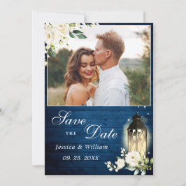 White Roses Blue Wood Lantern Foto Weddenschap Save The Date