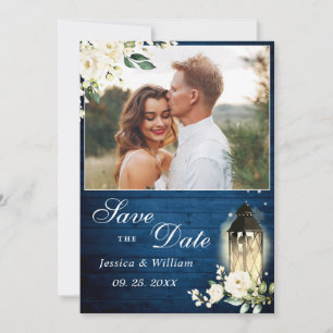White Roses Blue Wood Lantern Foto Weddenschap Save The Date
