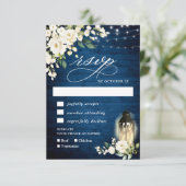 White Roses Blue Wood Lantern Meal Choice RSVP Kaartje (Staand voorkant)