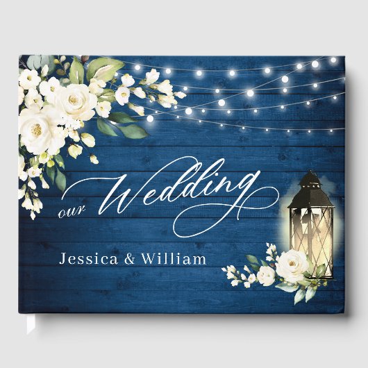 White Roses Blue Wood Lantern PHOTO Wedding Gastenboek (Voorkant)