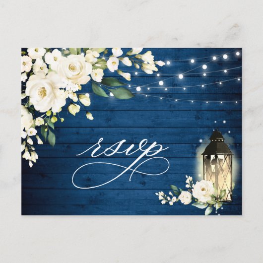 White Roses Blue Wood Lantern RSVP Meal Choice Briefkaart (Voorkant)