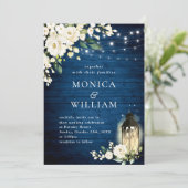 White Roses Blue Wood Lantern Waterverf Wedding Kaart (Staand voorkant)