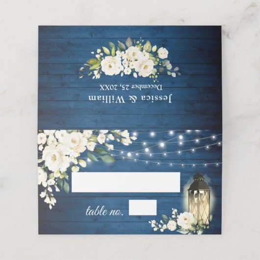White Roses Blue Wood Lantern WeddenTabel Plaatskaartje (Buitenkant ongevouwen)