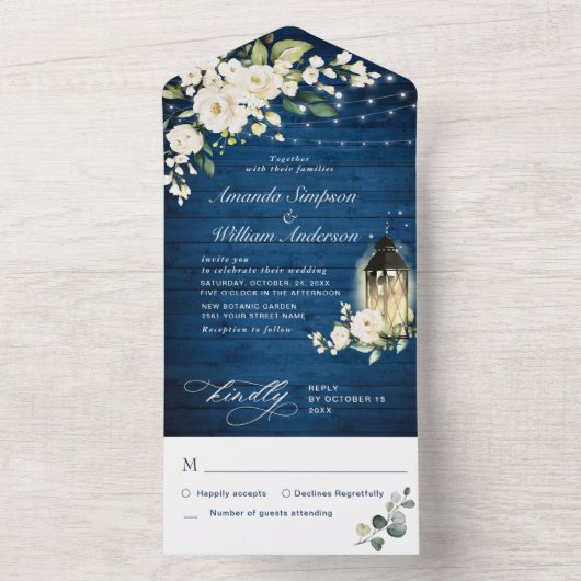 White Roses Blue Wood Lantern Wedding All In One Uitnodiging (Binnen)