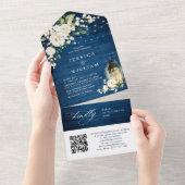 White Roses Blue Wood Lantern Wedding QR code All In One Uitnodiging (Afscheurbaar)