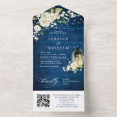 White Roses Blue Wood Lantern Wedding QR code All In One Uitnodiging (Binnen)