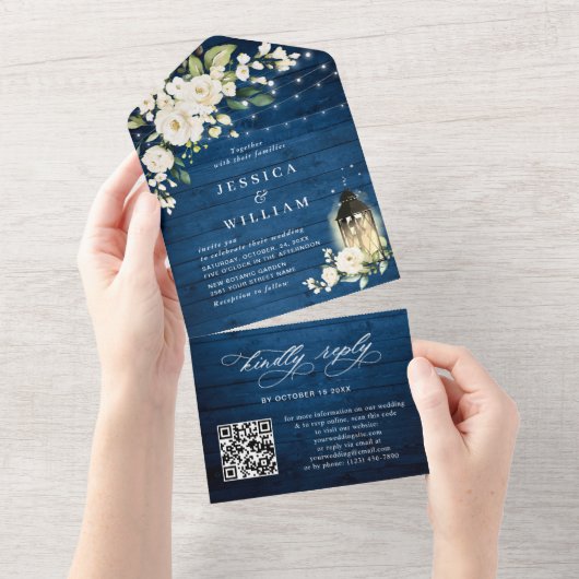 White Roses Blue Wood Lantern Wedding QR code All In One Uitnodiging (Afscheurbaar)