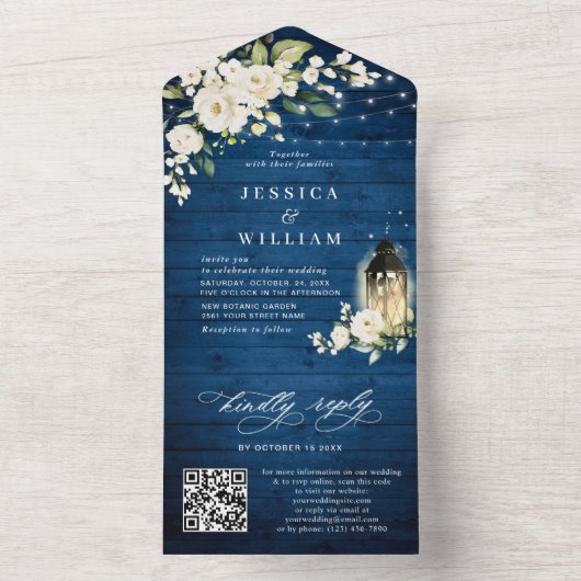 White Roses Blue Wood Lantern Wedding QR code All In One Uitnodiging (Binnen)