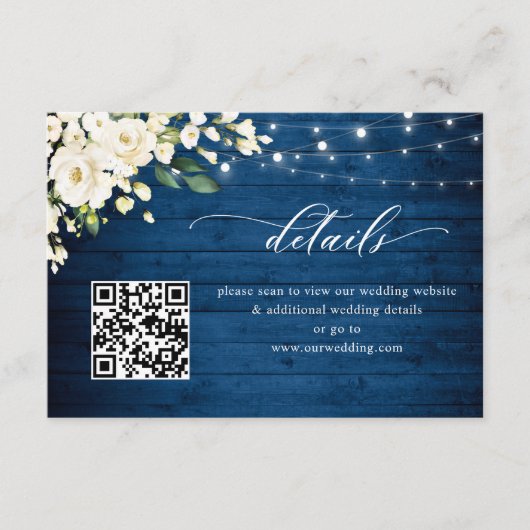 White Roses Blue Wood Lantern Wedding QR code Informatiekaartje (Voorkant)