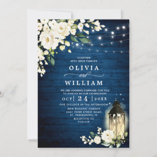 White Roses Blue Wood Lantern Wedding QR code Kaart