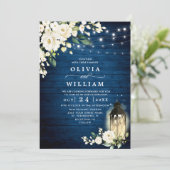 White Roses Blue Wood Lantern Wedding QR code Kaart (Staand voorkant)