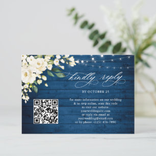 White Roses Blue Wood Lantern Wedding QR code RSVP Kaartje