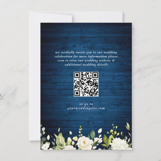White Roses Blue Wood Lantern Wedding QR code Save The Date (Achterkant)