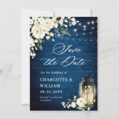 White Roses Blue Wood Lantern Wedding QR code Save The Date (Voorkant)