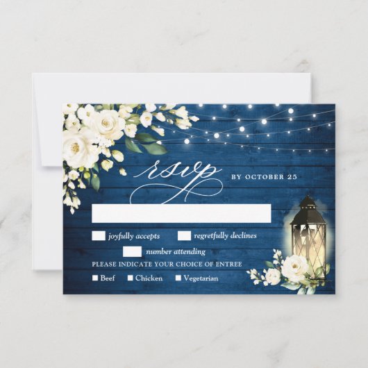 White Roses Blue Wood Lantern Wedding RSVP Kaartje (Voorkant)