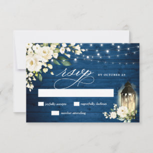 White Roses Blue Wood Lantern Wedding RSVP Kaartje