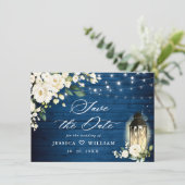 White Roses Blue Wood Lantern Wedding Save The Date (Staand voorkant)