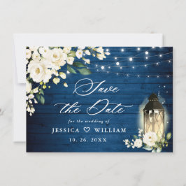 White Roses Blue Wood Lantern Wedding Save The Date