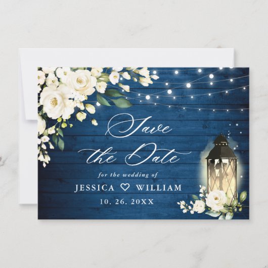 White Roses Blue Wood Lantern Wedding Save The Date (Voorkant)