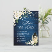 White Roses Blue Wood Lantern Wedding Save The Date (Staand voorkant)