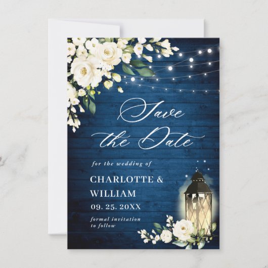 White Roses Blue Wood Lantern Wedding Save The Date (Voorkant)