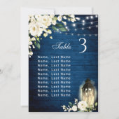 White Roses Blue Wood Lantern Wedtable Number Kaart (Voorkant)
