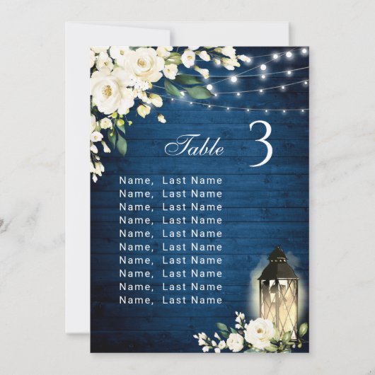 White Roses Blue Wood Lantern Wedtable Number Kaart (Voorkant)