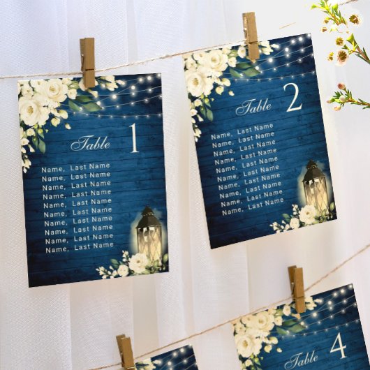 White Roses Blue Wood Lantern Wedtable Number Kaart