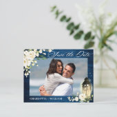 White Roses Blue Wood PHOTO Weddenschap Save the D Briefkaart (Staand voorkant)