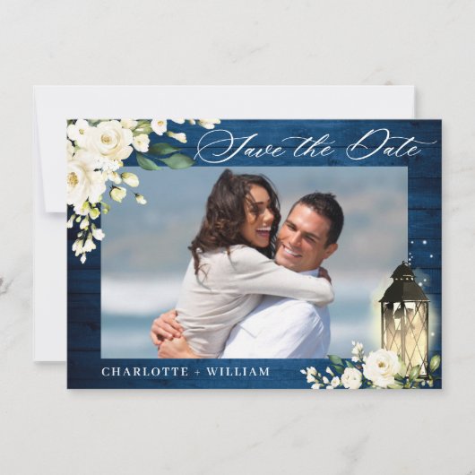 White Roses Blue Wood PHOTO Wedding Save The Date (Voorkant)
