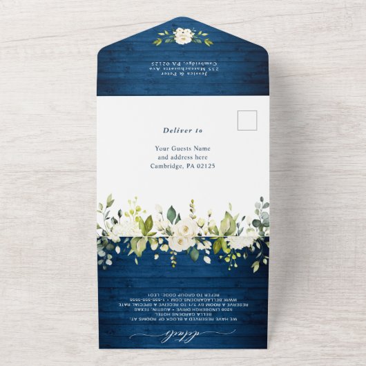 White Roses Blue Wood Wedding QR code All In One Uitnodiging (Buitenkant)