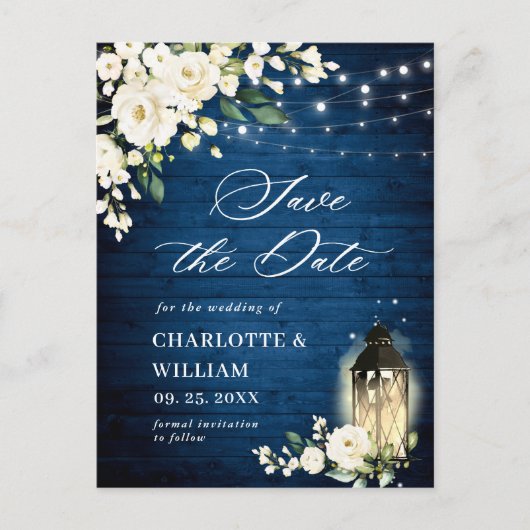 White Roses Blue Wood Wedding Save the Date Briefkaart (Voorkant)