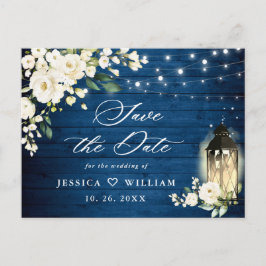White Roses Blue Wood Wedding Save the Date Briefkaart