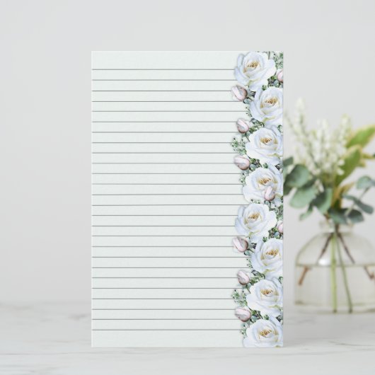 White Roses Bouquet Border 3 Stationery Lined Briefpapier (Staand voorkant)