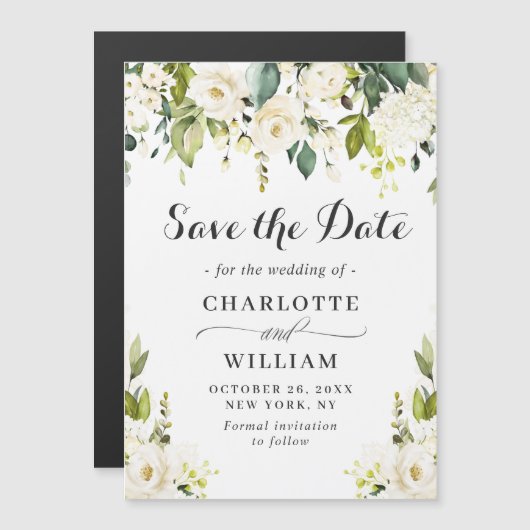 White Roses Bruiloft Bewaar de datum Magnetische K (Voorkant / Achterkant)