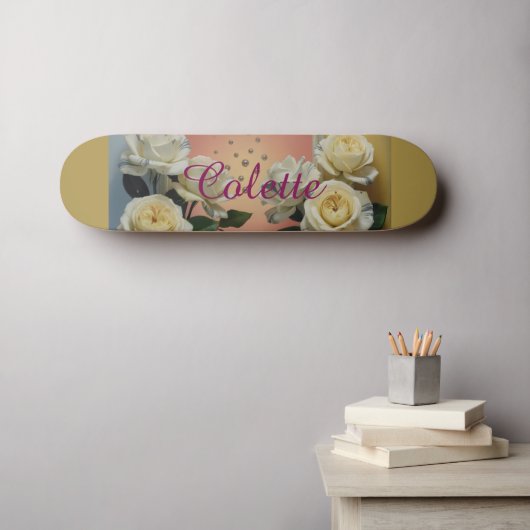 White Roses Colette Gold Skateboard (Muurkunst (Horizontaal))