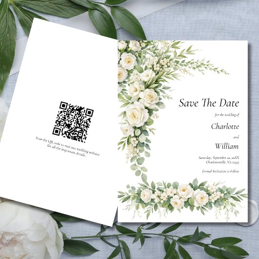 White Roses Cream Wedding Save The Date QR Code Kaart
