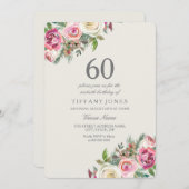 White Roses Elegant 60th Birthday Party Invite Kaart (Voorkant / Achterkant)